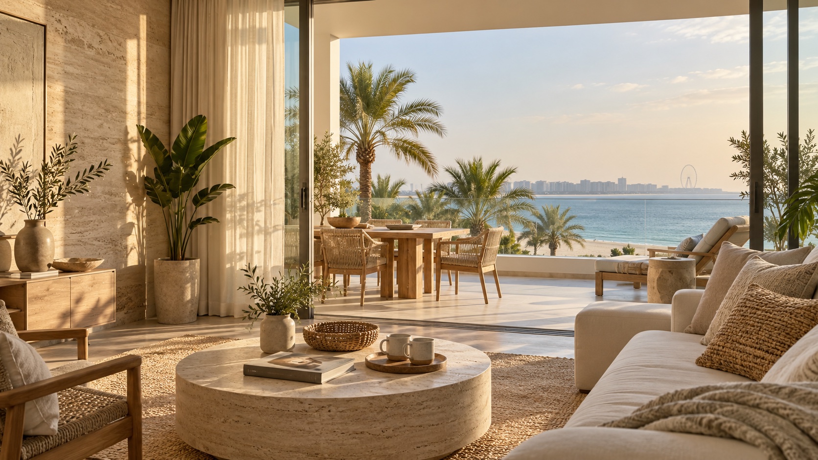 A bright coastal holiday-home interior opening onto a sunlit terrace
