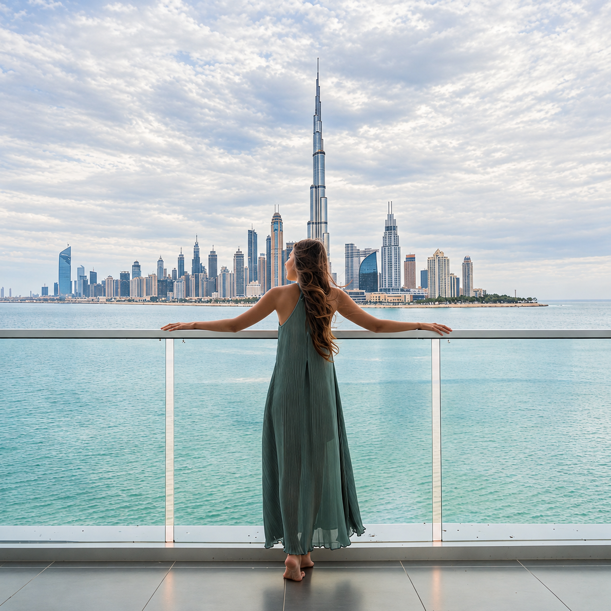 A woman on a balcony overlooking the water and Burj Khalifa in Dubai