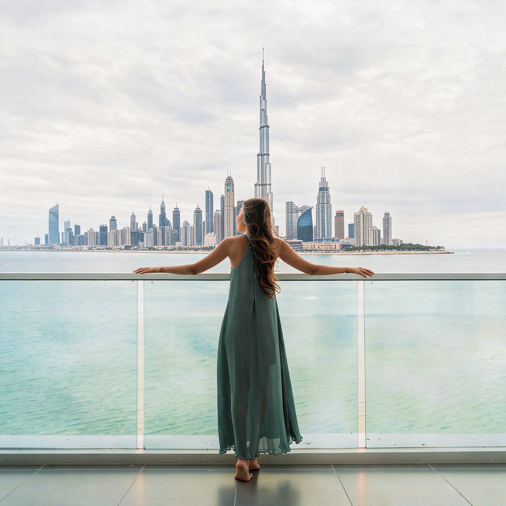 A balcony overlooking water and the Downtown Dubai skyline