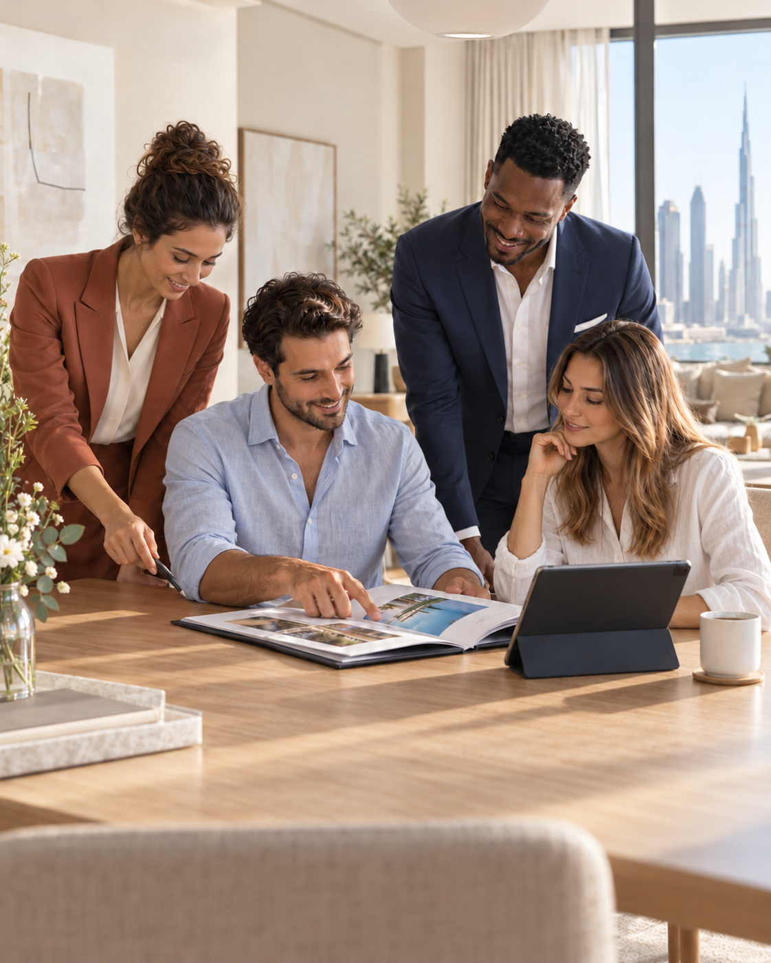 AI-generated illustration of four hospitality colleagues reviewing a book in a Dubai home, with the seated pair in relaxed casual clothing