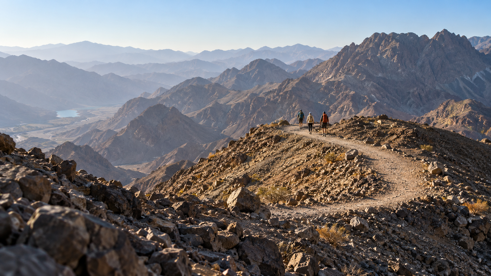 AI-generated panoramic view of Hatta’s rugged mountains with three distant hikers following a winding trail