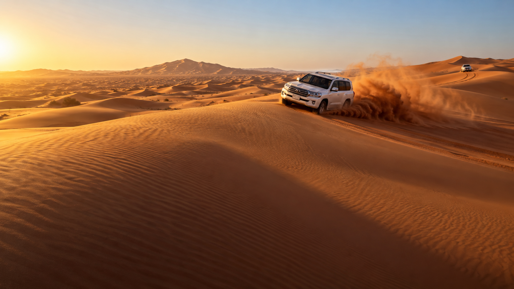 AI-generated travel image of a 4×4 desert safari crossing Lahbab’s red dunes at sunset