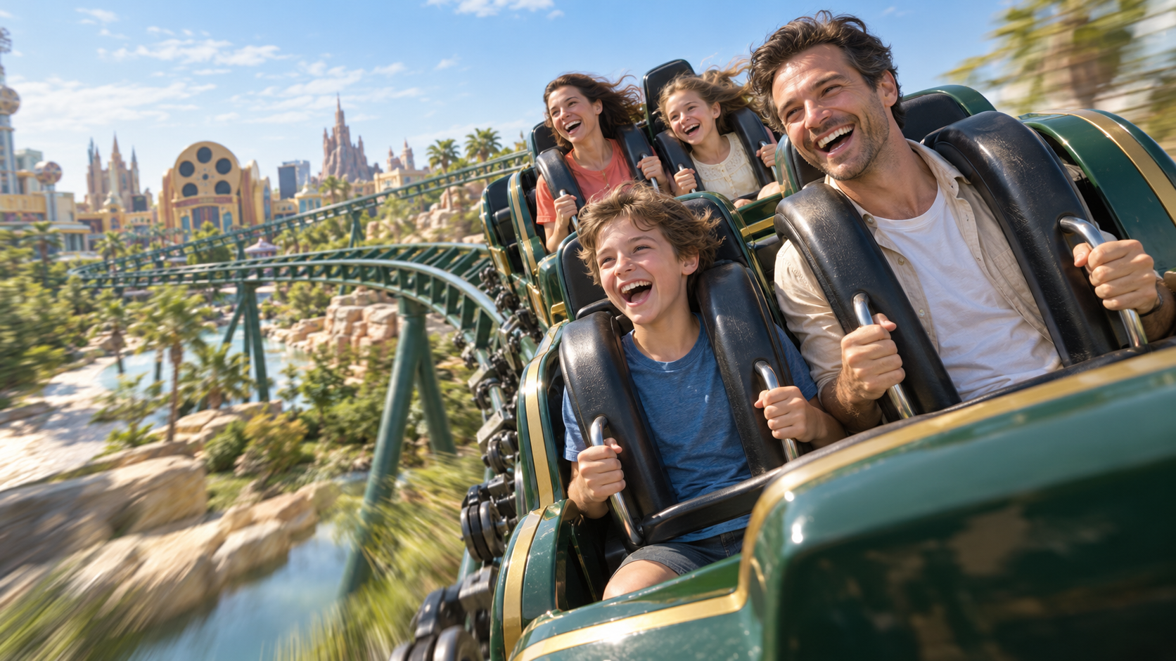 AI-generated Motiongate-inspired scene of two children and their parents laughing on a roller coaster