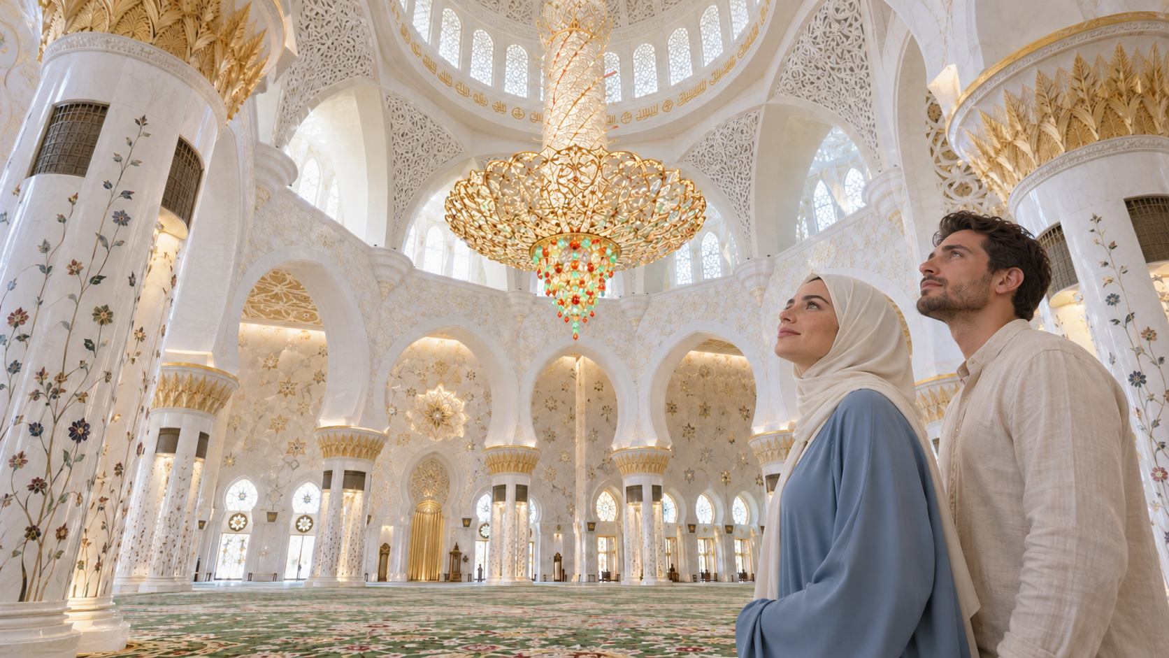 AI-generated interior scene inspired by Sheikh Zayed Grand Mosque, with a visiting couple admiring a chandelier and the woman wearing a headscarf