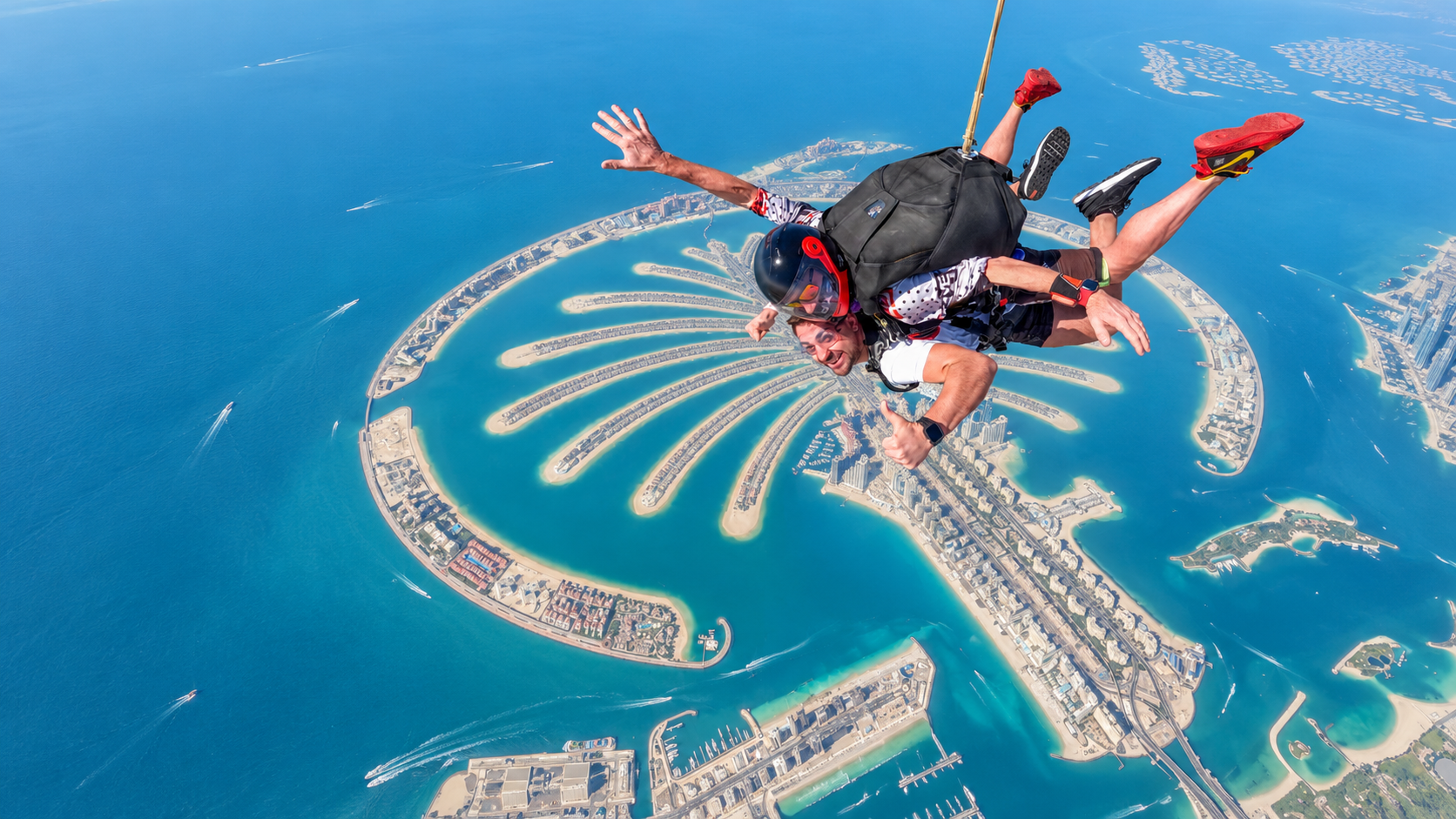 Tandem skydivers above Palm Jumeirah and the turquoise Arabian Gulf, an AI-enhanced composition based on the supplied photograph